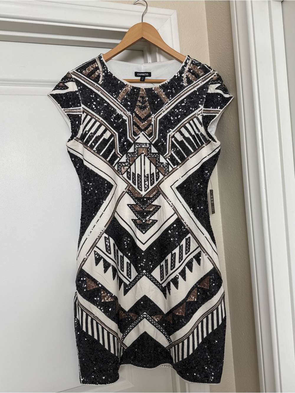 Express Black, White & Gold Geometric Sequin Mini Dress
